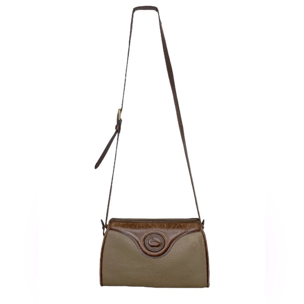 Vintage Made in USA Dooney & Bourke Tan and Brown Leather & Brass Crossbody Bag